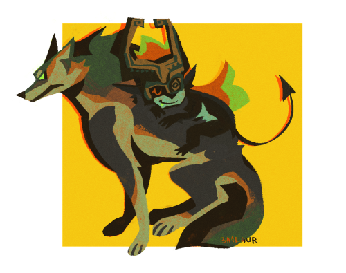 Digital drawing of Link, in wolf form, and Midna from Twilight Princess. They are drawn in a lineless, painterly style with lots of textures. Link is sitting in a neutral position, entire body facing left. His expression is pensive while looking at Midna, who is sitting on his back with her eyes closed as if shes sleeping, smiling. The background features a yellow square behind the two characters, the rest is white.