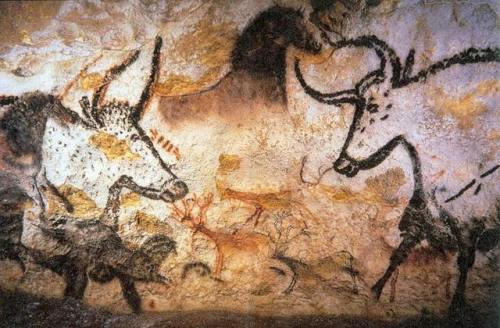 Aurochs, horses and deer in the Lascaux caves (France).These paintings are around 17,000 years old, 