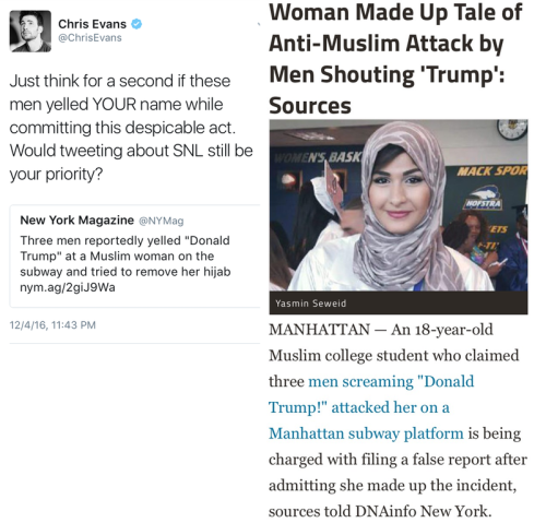http://www.dailymail.co.uk/news/article-4035004/Police-NYC-Muslim-womans-bias-report-false.htmlOn top of potentially undermining every actually TRUE claim of assault and general endangerment, Yasmin Seweid had the audacity to make a fool of Chris Evans,