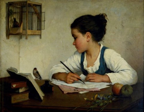 A Girl Writing: The Pet Goldfinch (1870) by Henriette Browne (France, 1829–1901). 