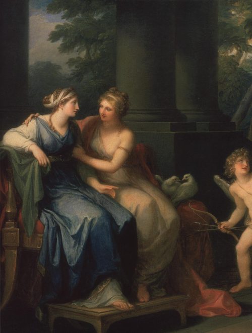 atlas-telamon: Venus is Persuading Helen to love Paris. Detail. Angelica Kauffmann, 1741 - 1807. Oil