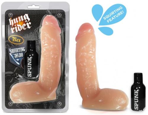 Rex Squirting DildoIntroducing  Rex- he’s long, he’s thick, he squirts and he comes with his own Spunk  Lube! He is 8 inches of thick perfectly veined dick with 1.85 inches of  girth, and large squishy balls. Like all Hung Riders, he’s