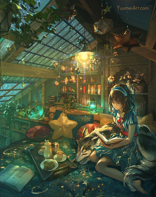 yuumei-art: Rainy Nights~ There’s nothing cozier than cuddling with your floof on a rainy night with