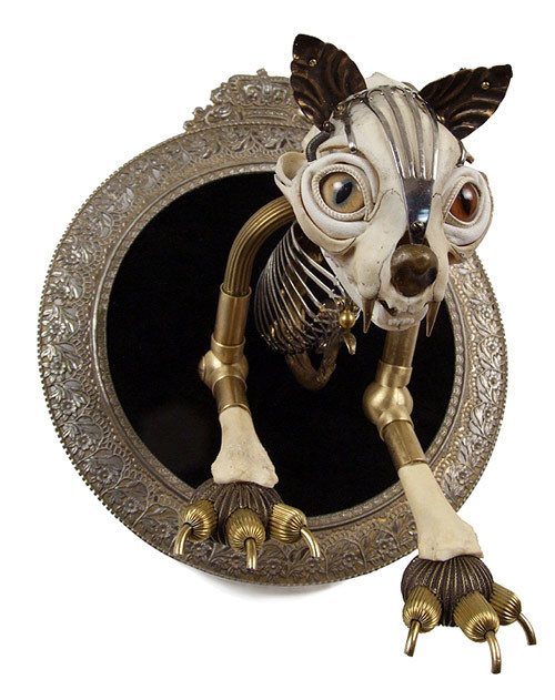 cross-connect:  Jessica Joslin transforms unexpected found objects such as bullet casings, old brass buttons, musical instrument parts, bones, and other nostalgic ephemera into skeletal animal figurines ranging in size from one inch to six feet. Her