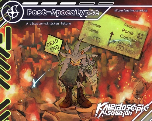 Silver the Hedgehog stands with a hand outstretched towards the camera within a ruined and burning city in a ruined cape. The only parts of the city left standing are a street sign saying “dead end” and a highway sign.
