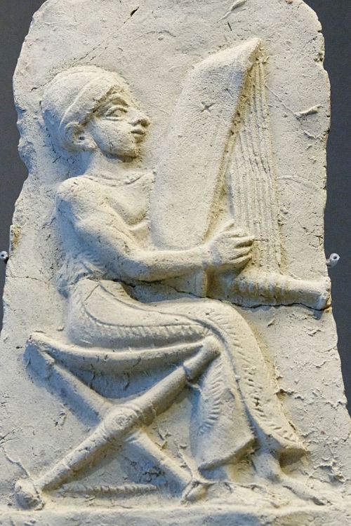 Terracotta relief of a harpist, early 2nd millennium B.C., from Eshnunna., Sumer