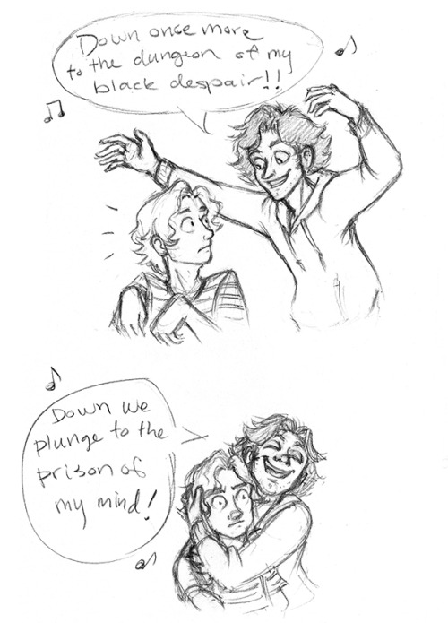 juanjoltaire:In which Grantaire sings Phantom of the Opera and Enjolras is not here for that.Just se