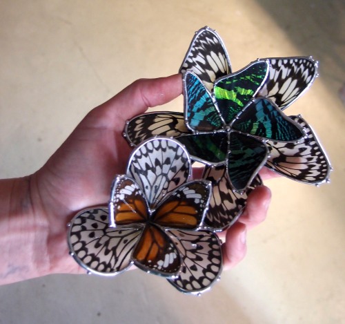 Stained glass boxes with real butterfly wing ‘flowers’. www.etsy.com/shop/neile