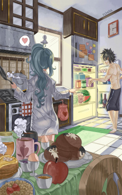 rchella:  Gruvia Fluff week day 4 - Shared Clothes Look at your waifu already served breakfast before you wake up 😤