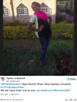 micdotcom:#147NotJustaNumber. We must not forget those lost in Kenya last week. On Monday, Kenyans took to Twitter  to remind the world that “147” isn’t just the number of bodies that  were strewn about Garissa University campus after four members