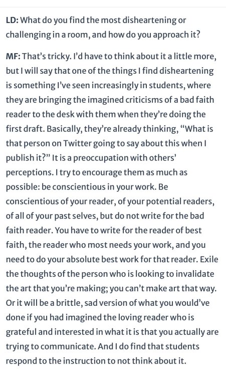 dduane:gffa:  “Thoughts on one of the hardest things: banishing the imagined bad faith reader from your writing process” by Melissa Febos on Twitter is hitting really hard today. This. 