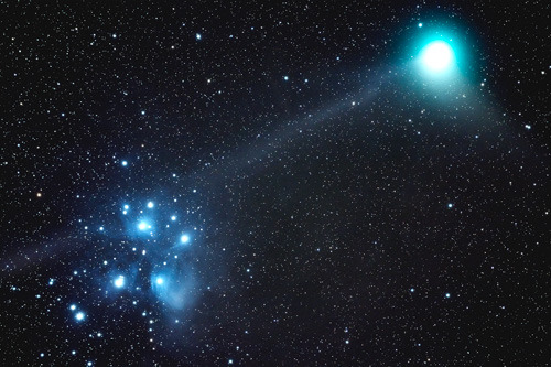 the-wolf-and-moon:Comet Lovejoy and the Pleiades