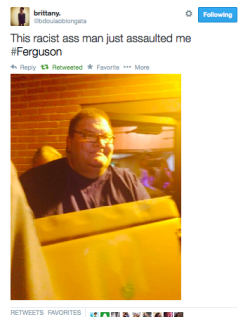 millennialau:  Reporting of incident where this man fucking forcibly ran into @bdoulaoblongata with his walker while saying he is Darren Wilson. Protestors were protesting this location because owner stopped allowing black patrons to enter, only white