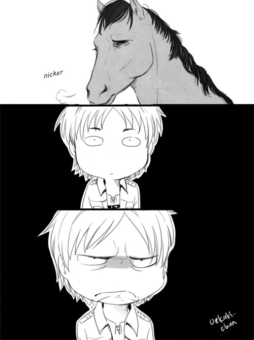 oekaki-chan:  A parody of Spongebob - Opposite Day episode. I had been thinking about this after knowing that there are so many Ackermans for one Eren, and the horse also has dead fish eyes like the other Ackermans. 