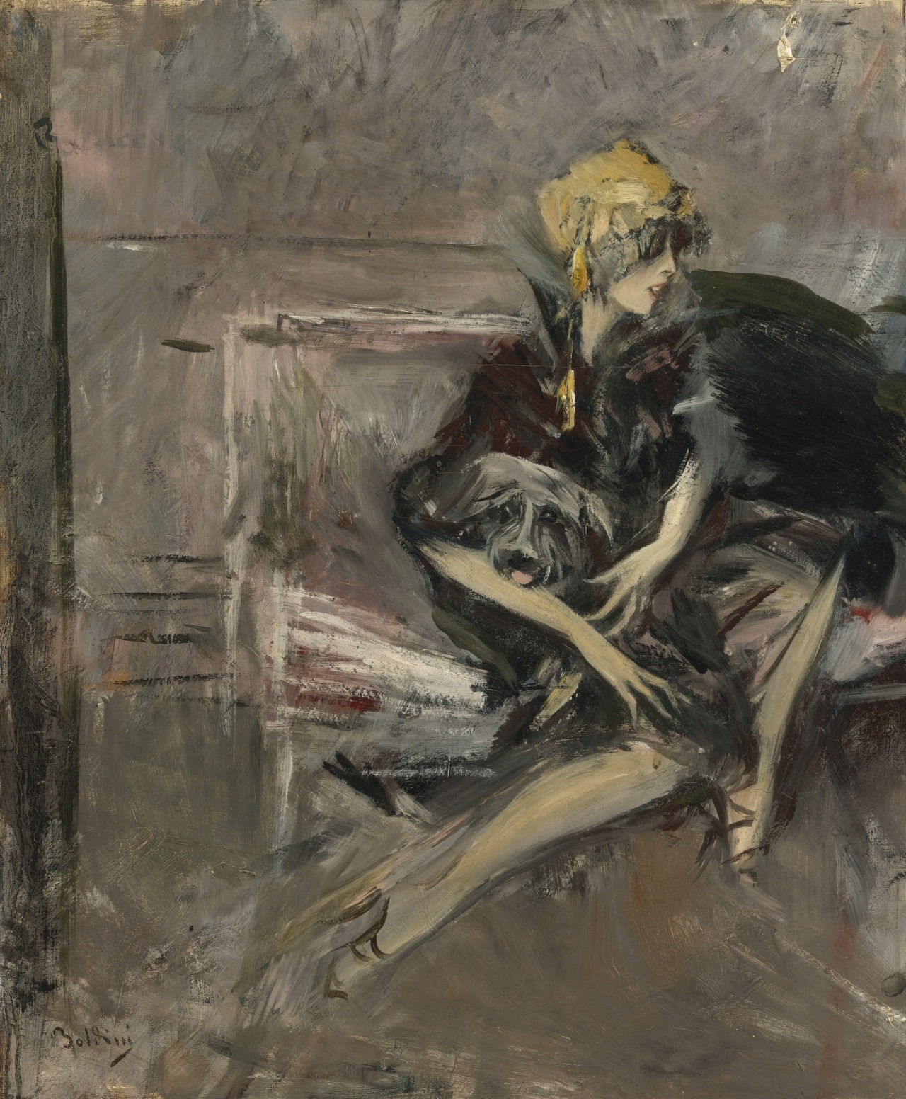 poboh:  Lady in a yellow hat with her dog, Giovanni Boldini. Italian (1842 - 1931)