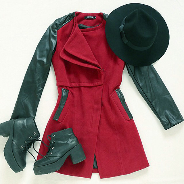 sheinsidefashion:  PU Leather Sleeve Double Lapel Zipper Coat