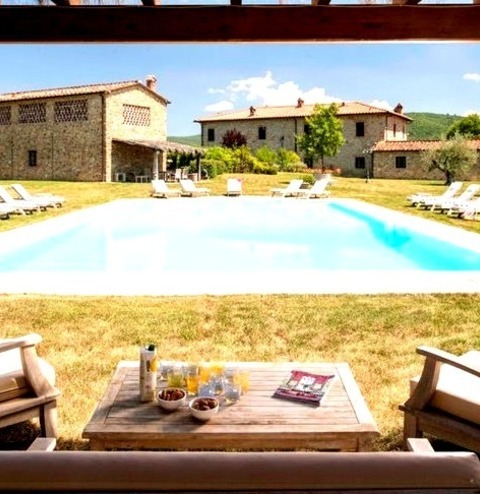 Large Backyard Stone Building With A Rectangular Pool Shot