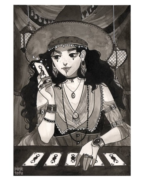 Inktober day 2A little tarot witch✨ Tried a different ink and different inking pens this time. Was f