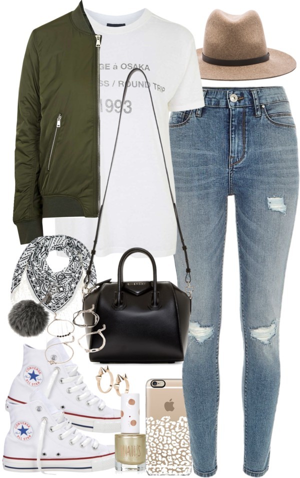 Outfit for college by ferned featuring a flight jacket
Topshop vintage t shirt, 48 AUD / Topshop flight jacket, 150 AUD / River Island distressed jeans, 41 AUD / Converse sneaker, 100 AUD / Givenchy leather duffle bag, 2 225 AUD / MANGO metal ring,...