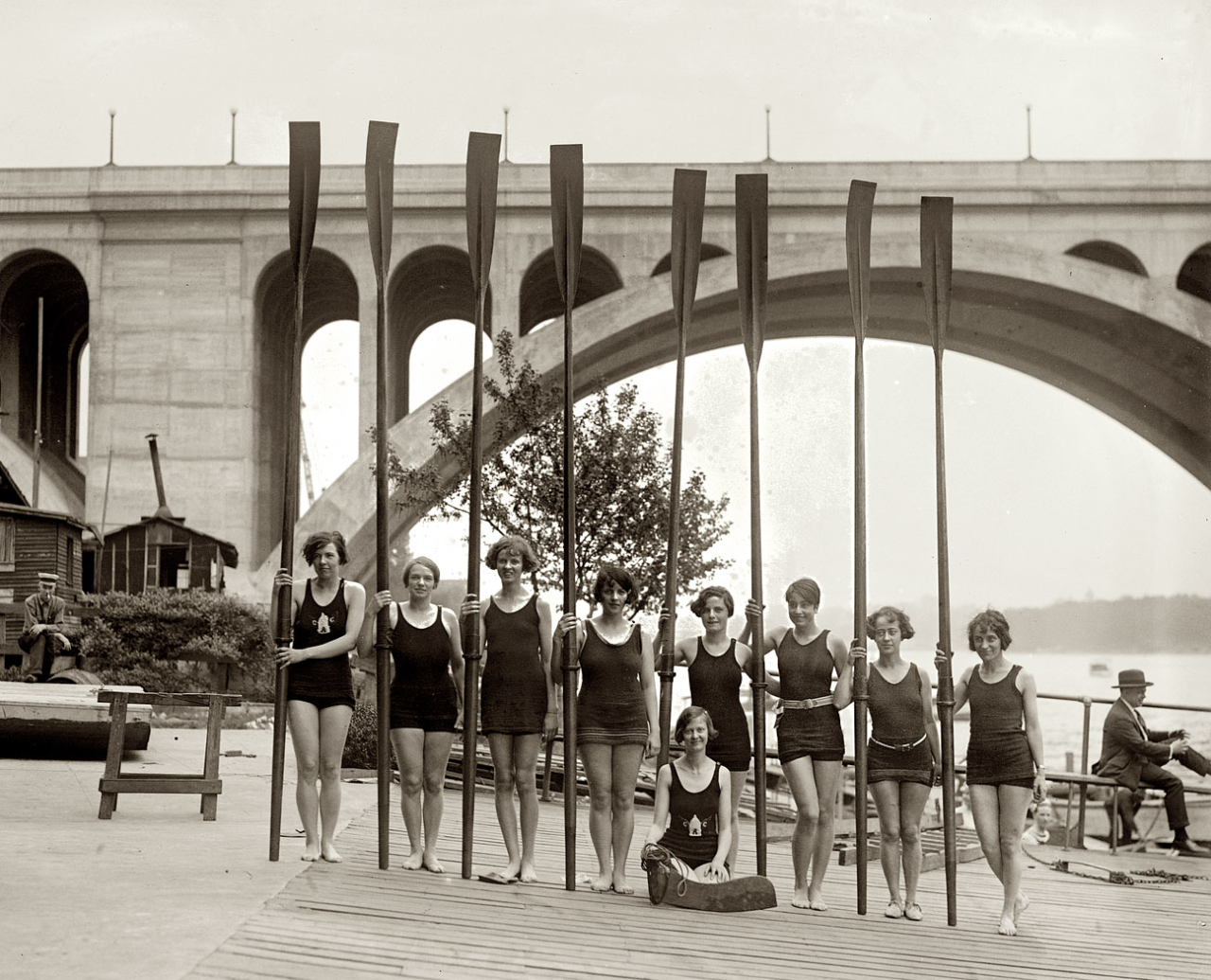 vintagesportspictures:  Capital Athletic Club rowing team at the Key Bridge over