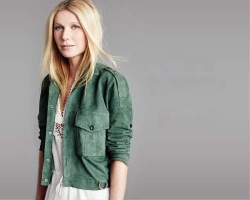 Gwyneth Paltrow in Band of Outsiders suede military jacket. GOOP, February 2015. 