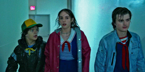 How Am I JUST Now Noticing That Dustin Is Wearing A Fucking Trash Bag Taped Up When They Go Up On The