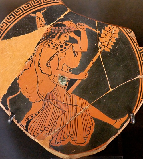 A maenad with her thyrsus.  Fragment of an Attic red-figure cup, attributed to the painter Macron; c