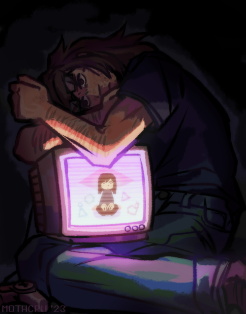 digital drawing of Paul from the web horror series Petscop. he's depicted as a skinny, pale-skinned young man with medium length brown hair, glasses, and visible acne. he's wearing a dark short sleeve shirt and light jeans. he's sitting curled around a CRT monitor in his lap with his arms resting on the top of it, and is looking past the camera vacantly with a neutral expression.
on the screen of the CRT monitor is a cartoonish depiction of Care, a pale-skinned girl with long brown hair wearing a brown shirt and pants. she is sitting with her legs under her and her hands folded; behind her can be seen a diamond shape, and around her are various colored outlines of shapes. the background is white and pale purple.
the drawing is primarily dark, the only light source is the monitor screen, which shines down on his leg and parts of Paul's arms.