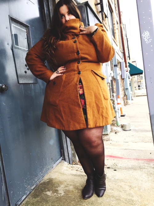 nataliemeansnice:  fats in florals.   outFAT of the day:  burnt orange amazing coat: asoscurve, US 18  floral long sleeve skater dress: forever21, US 3X sheer tights: catherine’s, size C chain booties: forever21, size 8