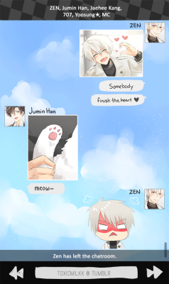 toxicmilkk:  ”Finish the heart ♥”  I tried drawing a fake screenshot thing with Jumin trolling Zen lololol m(=^･ω･^=)m