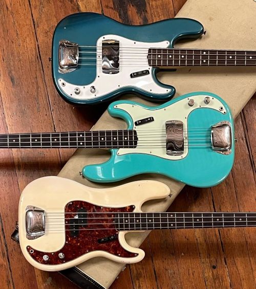 Fender Px3. Bottom to Top: 1963 and 100% OG, 1964 Seafoam Green (refin, as you do), and 1966, also 1