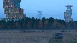 simonstalenhag:  Remembering The Vertical Cities Of Västerort Top picture: Hägerstalund, Eggeby and   Berggården, as seen from Barkarby flygfält looking south.Center left: The Krafta mascot balloons litter the streets of Hägerstalund. Center right: