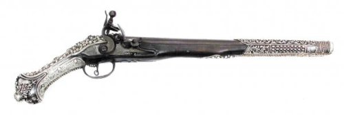 Silver and coral mounted flintlock pistol originating from Turkey, late 18th century.