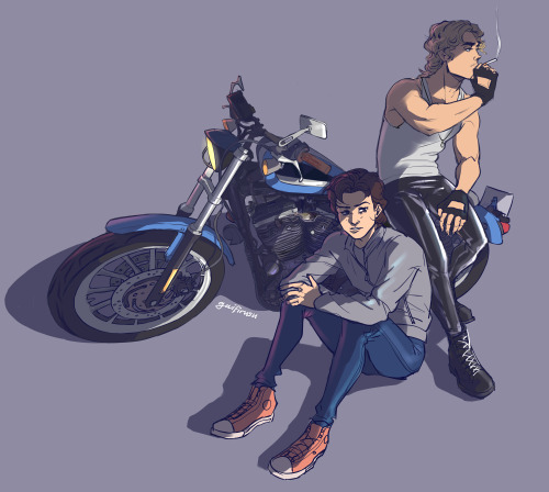 for @gothyringwald - steve and billy and a motorcycle. they’re not technically on it, but i hope it 