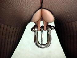 Pussymodsgalore  Pierced Outer Labia Fitted With A Heavy Duty Shackle. 