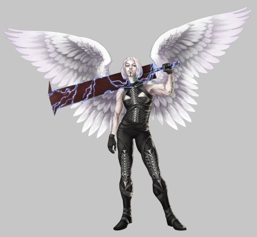 Yasha Nydoorin with her white wings held out and her sword crackling with lightning over her shoulders. She wearing black armor with skeletal metal pieces.
