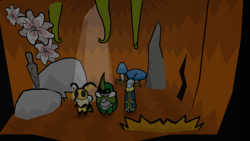A screenshot of the Hollow Knight reference in Bug Fables (the nail and flowers in the cave).
