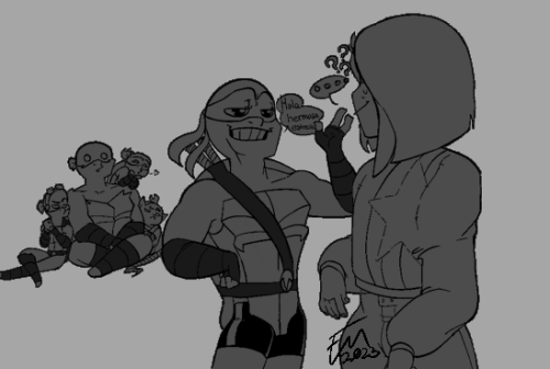 Leo saying hola hermosa estrella to Elora and believing he is smooth. Ralph, Mikey and Don watch from a distance. 