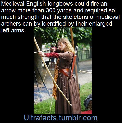 ultrafacts:
“ Considerable practice was required to produce the swift and effective combat shooting required. Skeletons of longbow archers are recognizably adapted, with enlarged left arms and often bone spurs on left wrists, left shoulders and right...