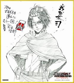 Asano Kyoji’s sketch of Hanji will star in the next set of cards given away to patrons of the 2nd SnK compilation film, following Erwin’s in the first week and the five cards from the 1st SnK compilation film!Distribution Dates: July 4th - July