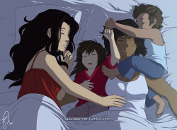 hazurasinner:More Korrasami family! We know that adopted kids need an adjustment time in their new house and with Akane and Tikaani was no different. During the first few weeks after being adopted they sneaked into Korra and Asami’s bedroom every night