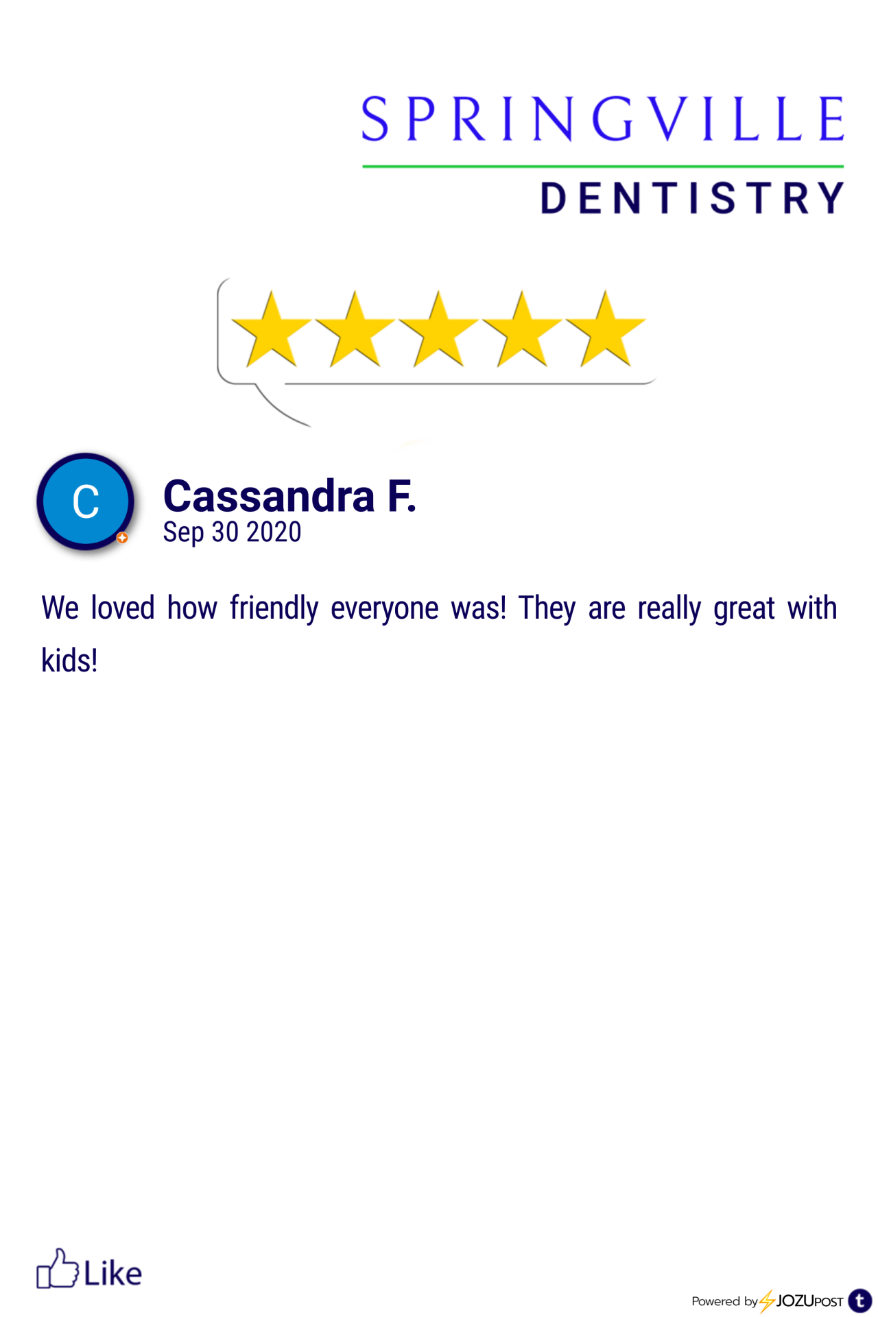 We appreciate our patients!
Here is our latest Five-Star Review from Cassandra F. We love to recognize those patients that take the time to fill out a review and let us know how we are doing.
Here is what Cassandra F. had to say: “We loved how...