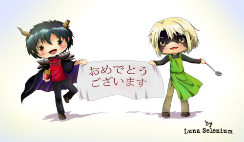 Here are my chibis from Hataraku Maou-sama! Maou and Ashiya chibi giving a message for my birthday! 