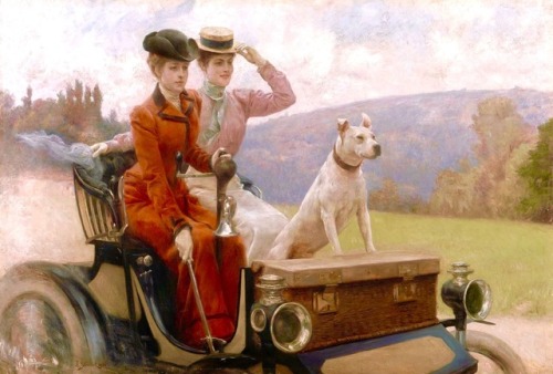 doitforellewoods:art-nimals:Julius LeBlanc Stewart, The Goldsmith Ladies In A Peugeot Car, 1897Vinta