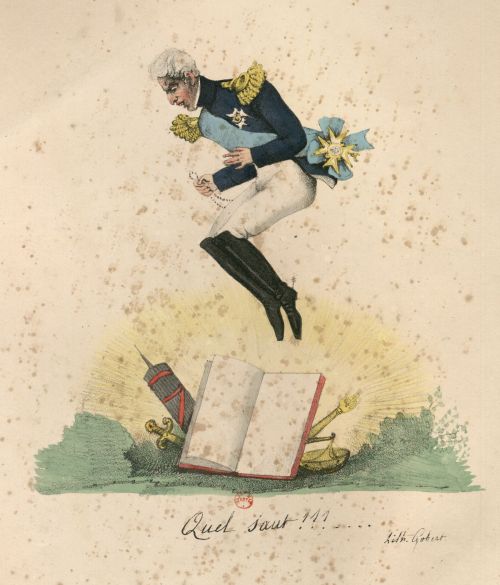 valinaraii:Quel saut!!! Caricature against Charles X, King of France. He is depicted stomping on the