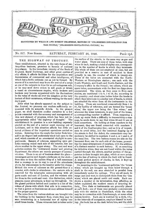 Highway of ThoughtThis 1848 article about the newfangled and unregulated technology called ‘The Tele