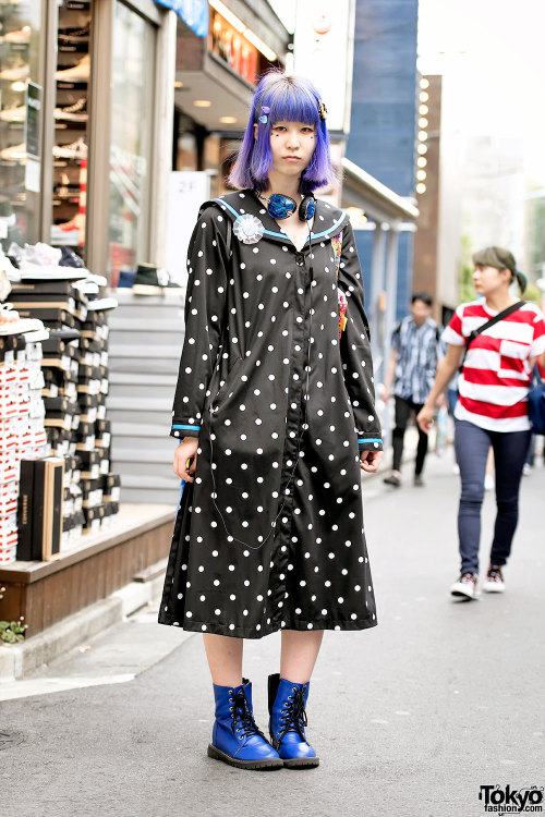 Sakanako on the street in Harajuku with purple hair, a Candy Stripper sailor collar polka dot dress,