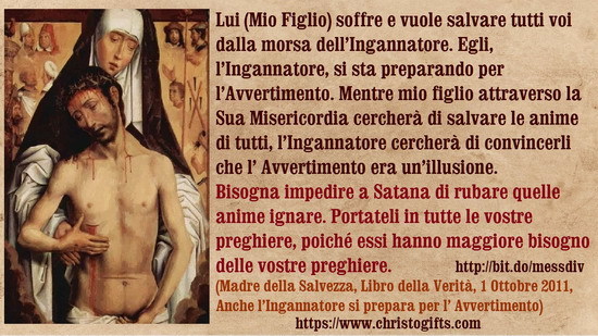 Bisogna impedire a Satana di rubare quelle anime ignare. Portateli in tutte le vostre preghiere… February 10, 2020 at 04:00AM
Lui (Mio Figlio) soffre e vuole salvare tutti voi dalla morsa dell’Ingannatore. Egli, l’Ingannatore, si sta preparando per...