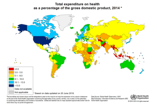 mapsontheweb:  Total expenditure on healthcare as a percentage of GDP, 2014.