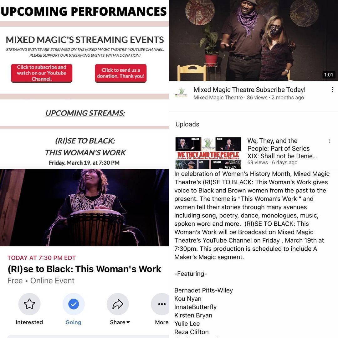 Tune in live tonight (Fri, 3.19.21) at 7:30pm EST - or bookmark and return to Mixed Magic Theatre’s YouTube page - to catch @3amblack Publisher/Editor #RezaRites and all the other talented artists who participated in the Women’s History Month edition...